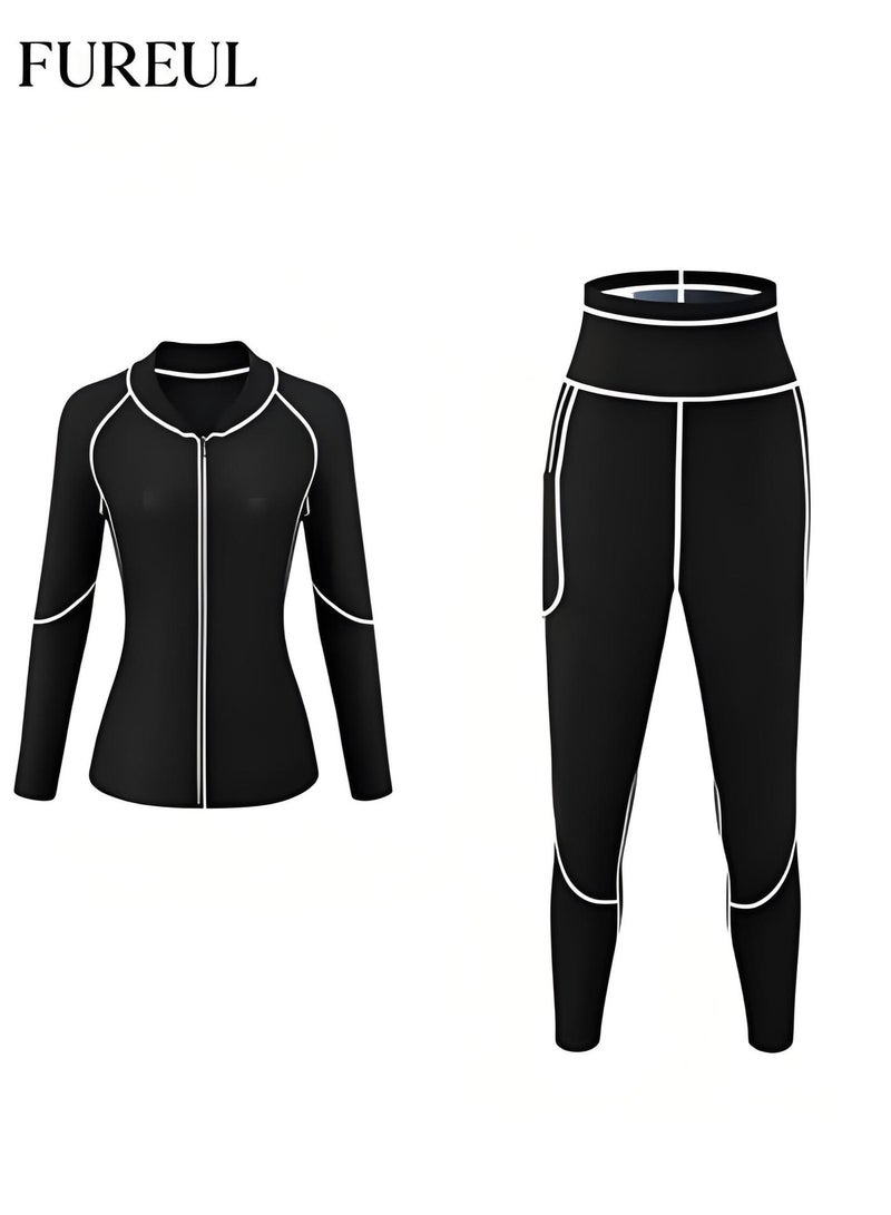 FUREUL Women's Sauna Suit Is Made of Stretchy Skin-Friendly Warm and Breathable Fabric Ensuring Comfortable Wear and Effectively Locking in Body Heat. It Can Increase Perspiration by Up to Three Times During Exercise and Is Suitable for Various Sports. It Includes a Zip-Up Jacket High-Waisted Pants Gloves and Socks. - Image 4