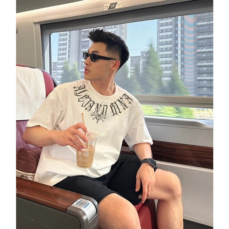 Fattened plus size 150kg heavy cotton short-sleeved men's T-shirt summer American retro fashion loose half-sleeved top - Image 3