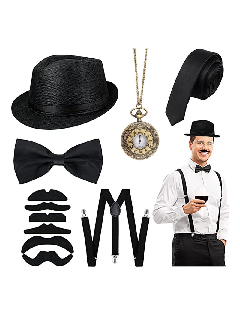 1920s Men Fancy Dress Accessories Set 5 Pieces, 1920s Men Accessories Set Includings Beret Hat, Adjustable Elastic Y-Back Suspenders, Bow Tie, Vintage Pocket Watch and Toy Handle - Image 1