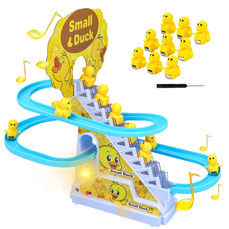 IFASHIHOME Small Duck Climbing Stairs ToyElectric Duck Roller Coaster Toy Setwith LED Flashing Lights MusicDuck Track Slide Toy Gift for Birthday ChristmasKids Age 39Pcs Ducks - Image 3