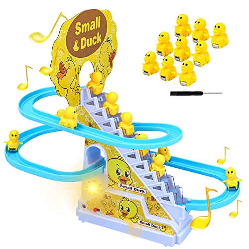 IFASHIHOME Small Duck Climbing Stairs ToyElectric Duck Roller Coaster Toy Setwith LED Flashing Lights MusicDuck Track Slide Toy Gift for Birthday ChristmasKids Age 39Pcs Ducks - Image 1