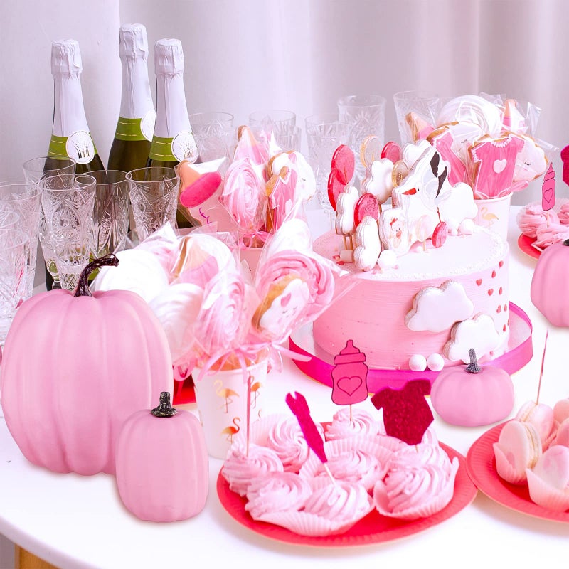 Winlyn 7 Pcs Assorted Sizes Fall Artificial Pink Pumpkins Harvest Pumpkins Faux Foam Pumpkins for Fall Autumn Season Halloween Thanksgiving Harvest Holiday Season Festive Tabletop Decoration - Image 4