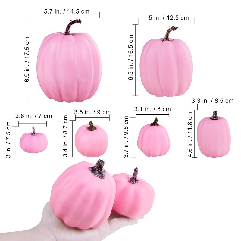 Winlyn 7 Pcs Assorted Sizes Fall Artificial Pink Pumpkins Harvest Pumpkins Faux Foam Pumpkins for Fall Autumn Season Halloween Thanksgiving Harvest Holiday Season Festive Tabletop Decoration - Image 2