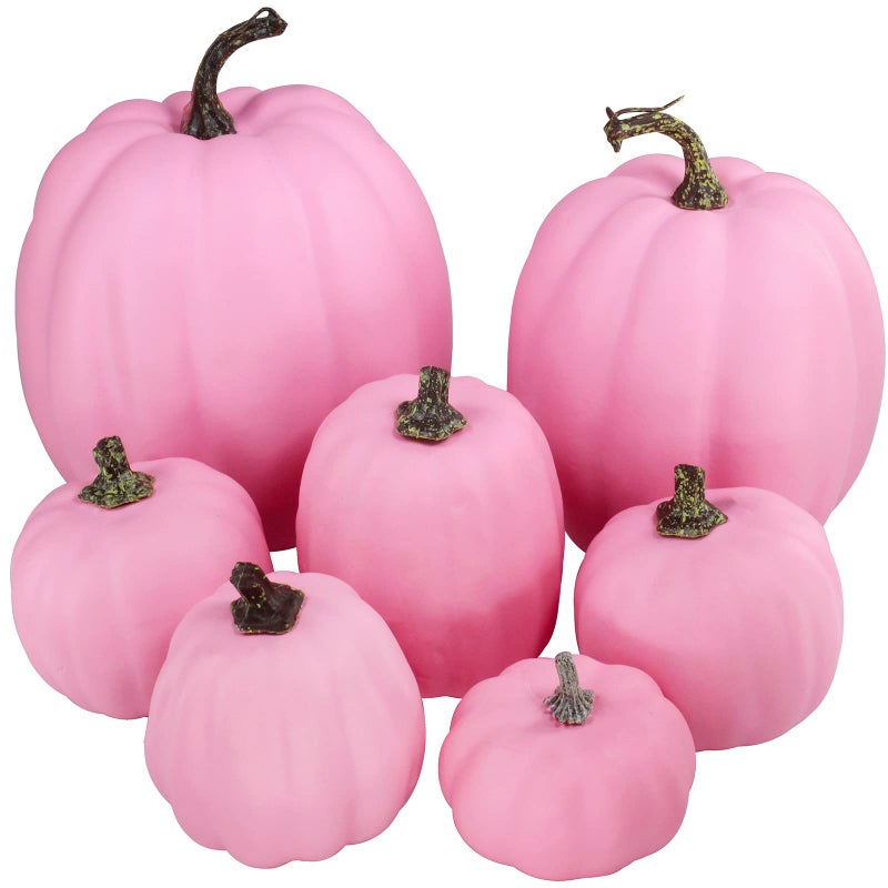 Winlyn 7 Pcs Assorted Sizes Fall Artificial Pink Pumpkins Harvest Pumpkins Faux Foam Pumpkins for Fall Autumn Season Halloween Thanksgiving Harvest Holiday Season Festive Tabletop Decoration - Image 1