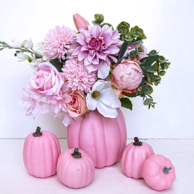 Winlyn 7 Pcs Assorted Sizes Fall Artificial Pink Pumpkins Harvest Pumpkins Faux Foam Pumpkins for Fall Autumn Season Halloween Thanksgiving Harvest Holiday Season Festive Tabletop Decoration - Image 3