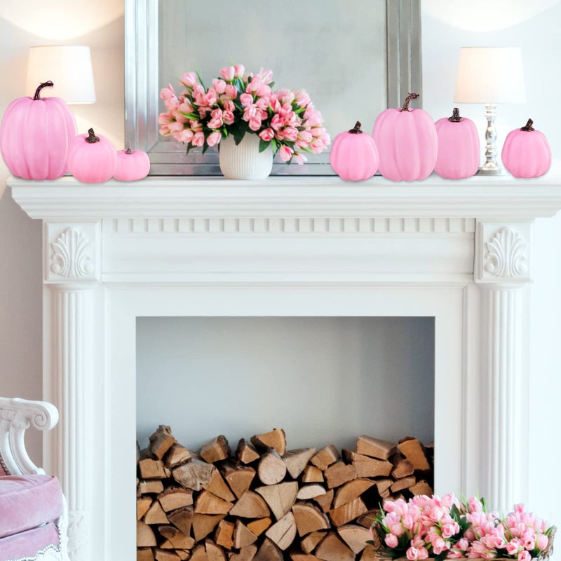 Winlyn 7 Pcs Assorted Sizes Fall Artificial Pink Pumpkins Harvest Pumpkins Faux Foam Pumpkins for Fall Autumn Season Halloween Thanksgiving Harvest Holiday Season Festive Tabletop Decoration - Image 5