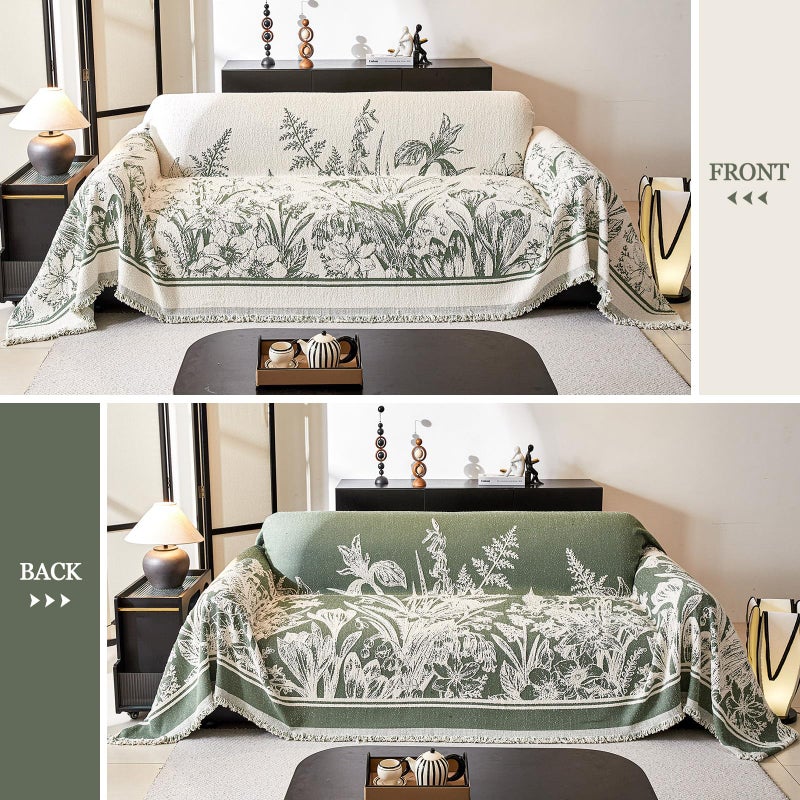 DREAMINGO Floral Sofa Cover for 3 Cushion Couch Thick Plush Furniture Cover 71x134 Inch Vintage Jacquard Tassel Sofa Slipcover for Living Room Farmhouse Sectional Couch Protector Washable, Green - Image 2
