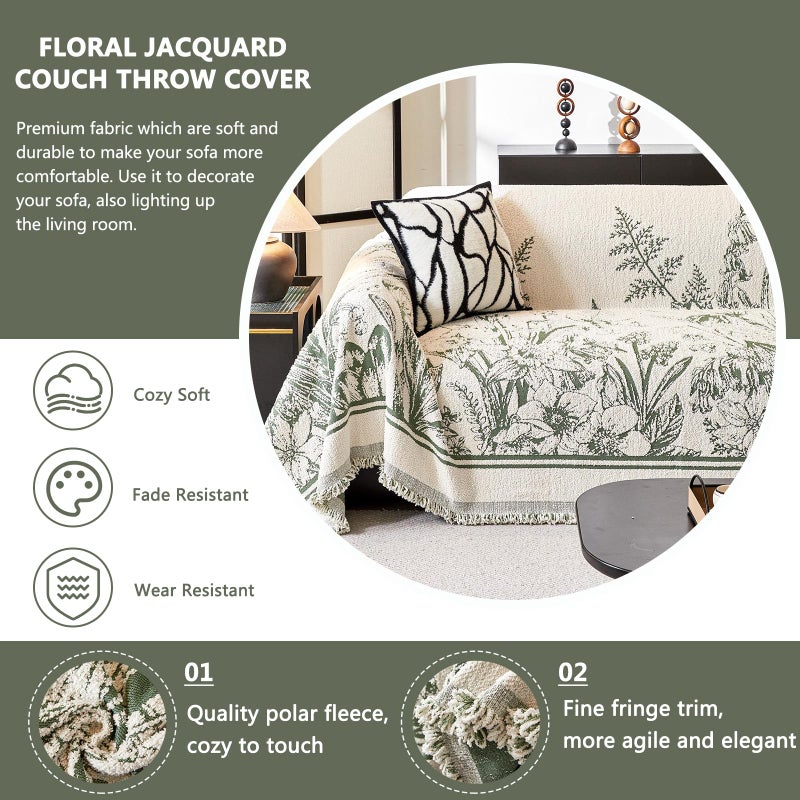 DREAMINGO Floral Sofa Cover for 3 Cushion Couch Thick Plush Furniture Cover 71x134 Inch Vintage Jacquard Tassel Sofa Slipcover for Living Room Farmhouse Sectional Couch Protector Washable, Green - Image 4