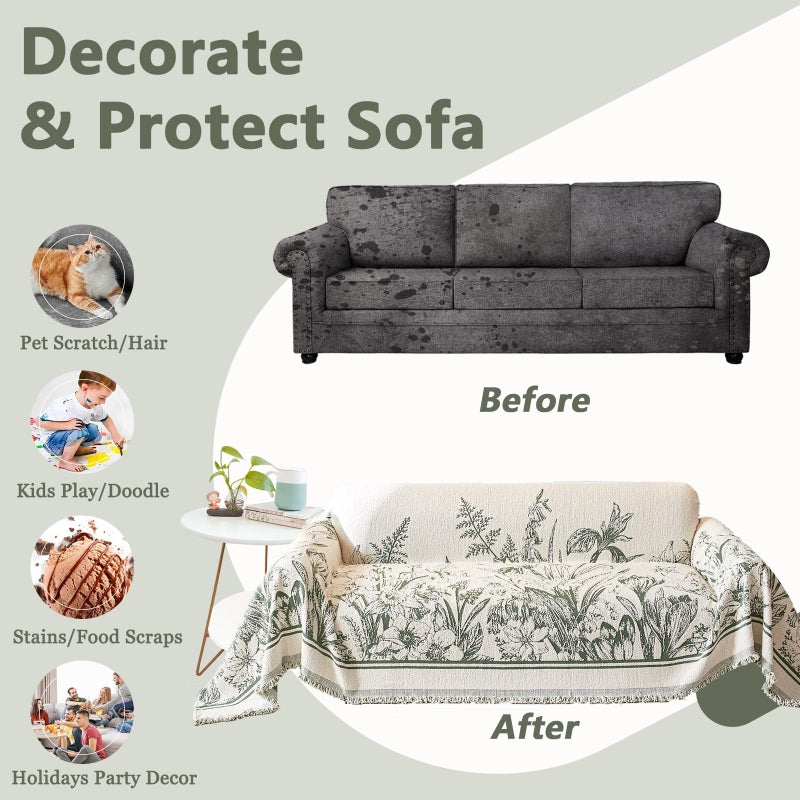 DREAMINGO Floral Sofa Cover for 3 Cushion Couch Thick Plush Furniture Cover 71x134 Inch Vintage Jacquard Tassel Sofa Slipcover for Living Room Farmhouse Sectional Couch Protector Washable, Green - Image 5