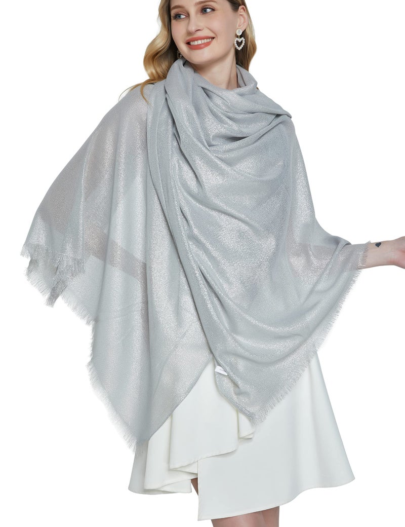PANTONIGHT Women's Sparkling Metallic Evening Shawl Lightweight Wedding Shawl Extra Large Dressy Shawls and Wraps for Party (LIGHT GREY SILVER 2510) - Image 1