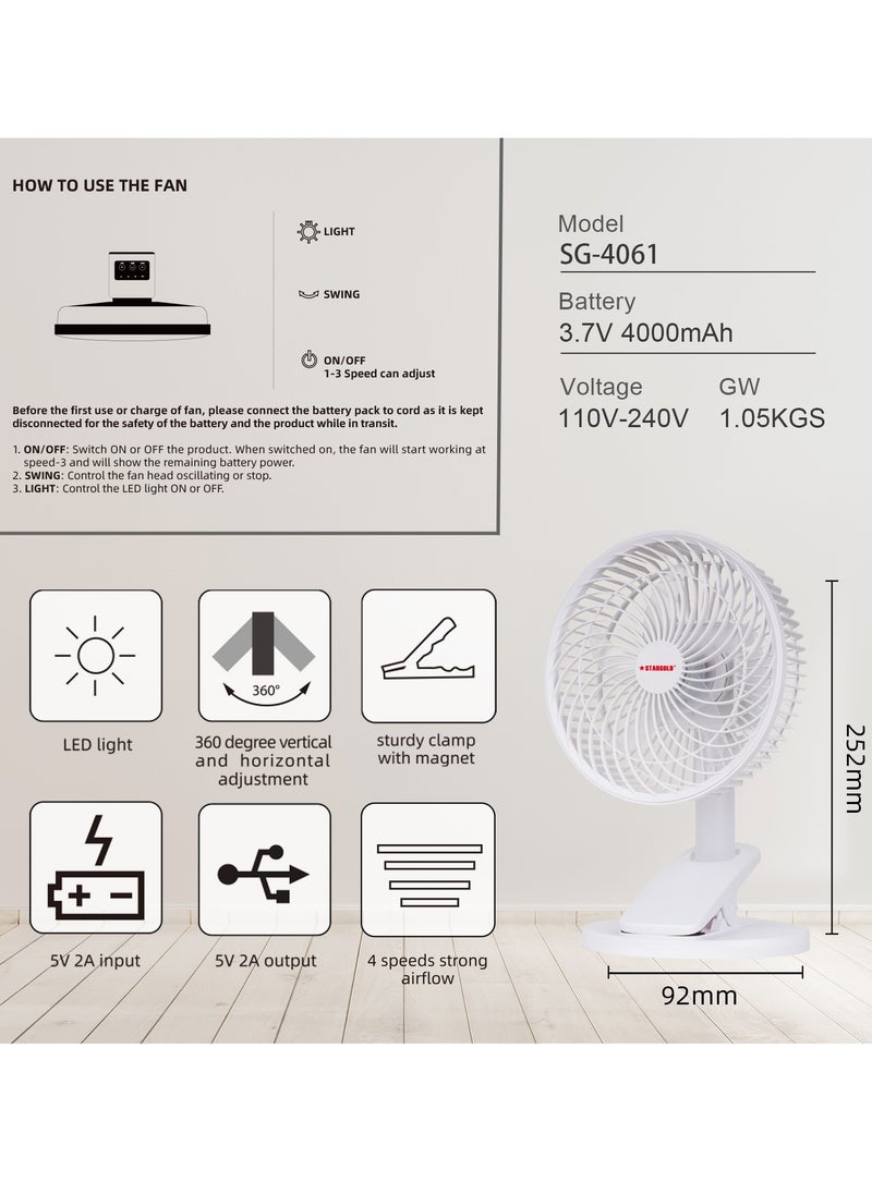 Stargold 8 Inch Rechargeable Table Fan Clip Fan Ceiling Fan With LED Light  - Image 5