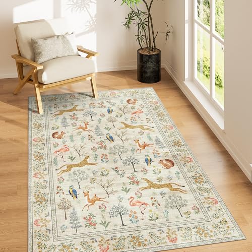 DUKINO 3x5 Rug Washable Animal Area Rug with Non Slip Vintage Design Indoor Soft Low Pile Carpet for Bedroom Nursery Dining Room Farmhouse Playroom White - Image 1