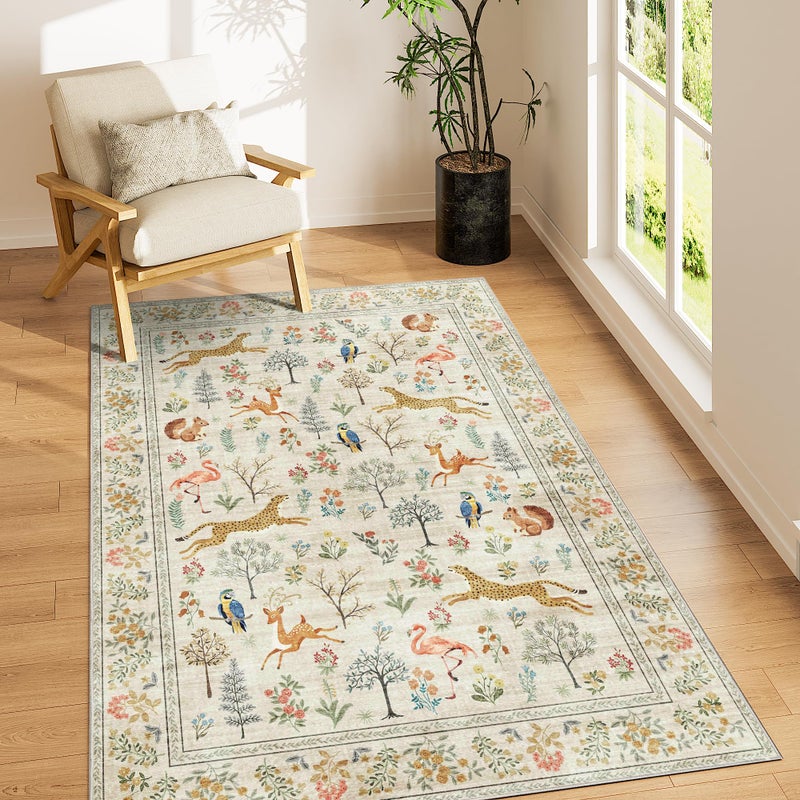 DUKINO 3x5 Rug Washable Animal Area Rug with Non Slip Vintage Design Indoor Soft Low Pile Carpet for Bedroom Nursery Dining Room Farmhouse Playroom White - Image 2