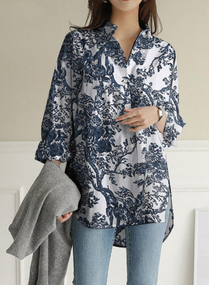 إسكدنيا السيدات طباعة طويلة الأكمام طية صدر السترة قميص فضفاض - Image 1