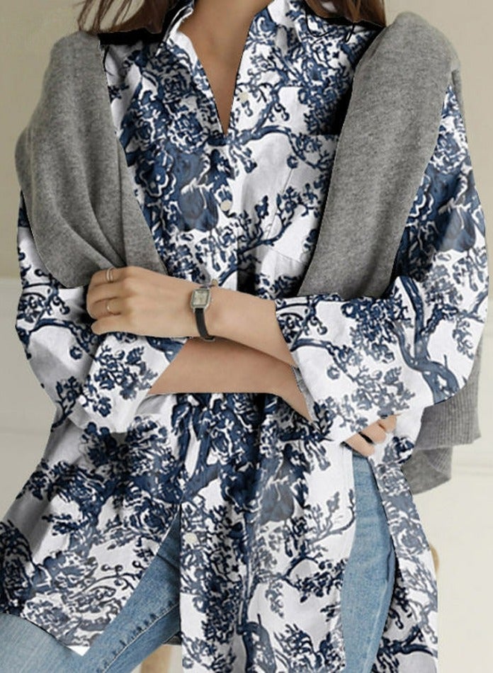 إسكدنيا السيدات طباعة طويلة الأكمام طية صدر السترة قميص فضفاض - Image 3