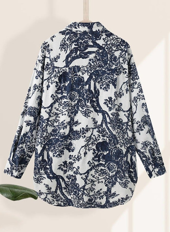 إسكدنيا السيدات طباعة طويلة الأكمام طية صدر السترة قميص فضفاض - Image 5