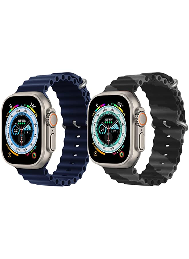 IAF Silicone Ocean Band Strap for Apple Watch Ultra 8 49mm Navy Blue Single Color Strap with Black/Gray Double Line Strap Set of 2