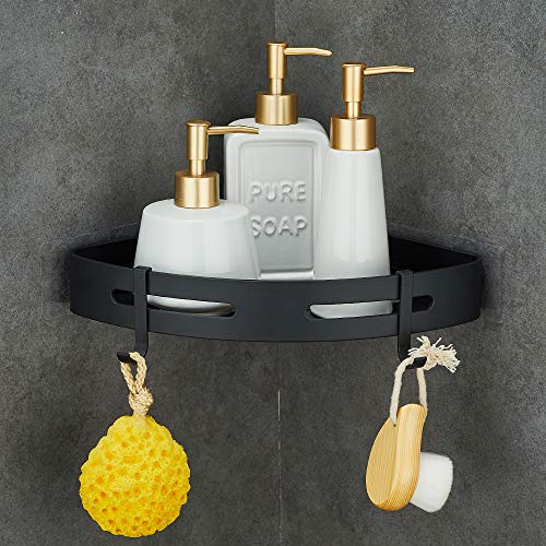 GRICOL Corner Shelf Shower Basket Shower Shelf No Drilling Shower Shelf Metal with 2 Hooks Shower Shelf Bathroom Shelf with Sticker Bathroom Shelf for Bathroom and Kitchen Black