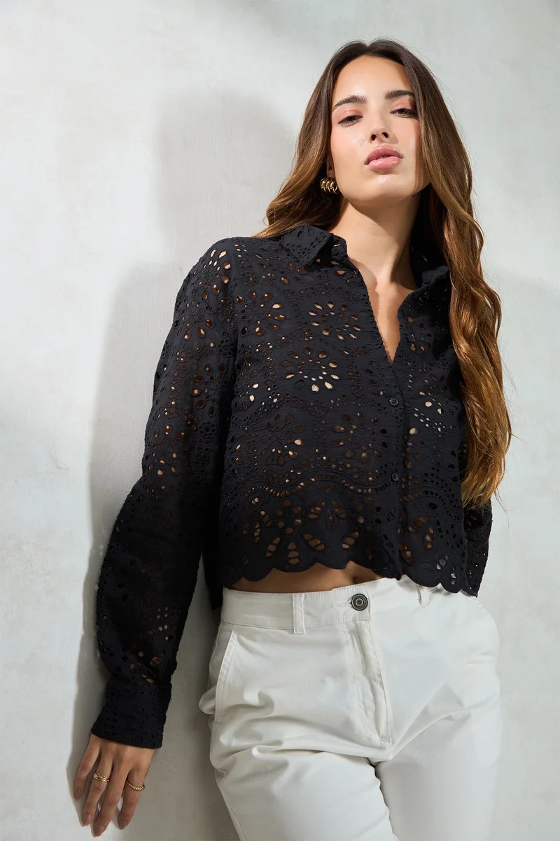 فيرجيو Cotton Black Vacation Boxy Shirts With Scallop Hem for Women