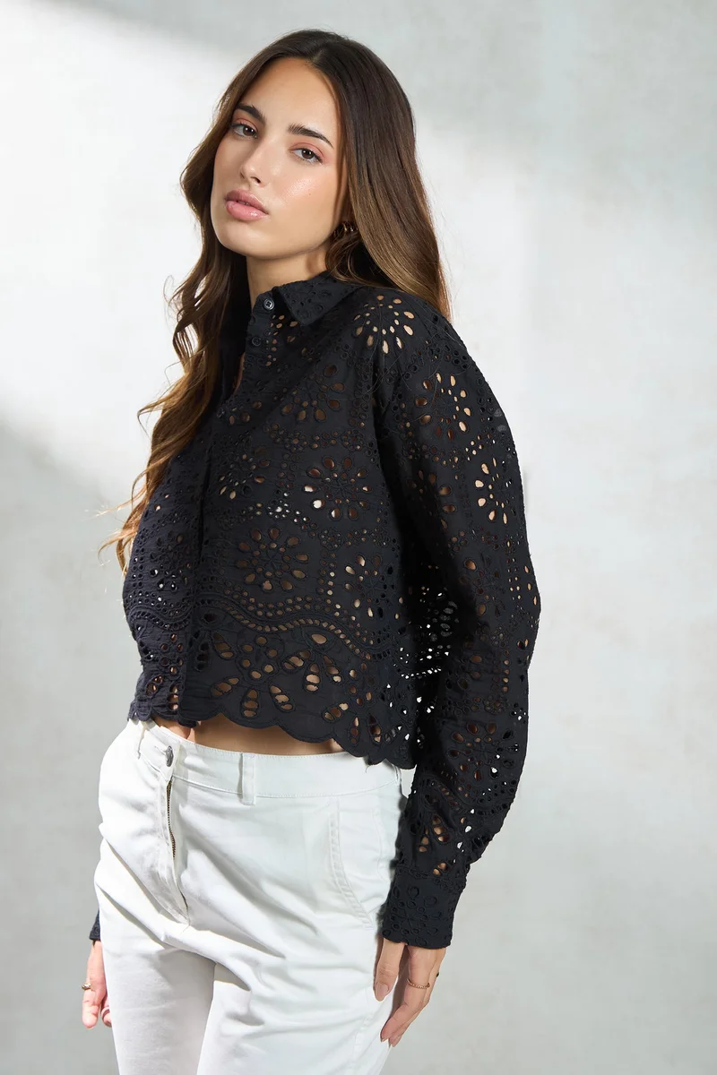 فيرجيو Cotton Black Vacation Boxy Shirts With Scallop Hem for Women