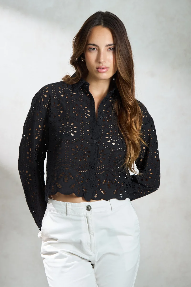 فيرجيو Cotton Black Vacation Boxy Shirts With Scallop Hem for Women