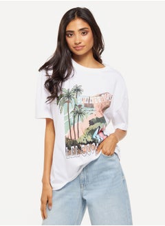 Lee Cooper Graphic Print Oversized T-shirt with Short Sleeves