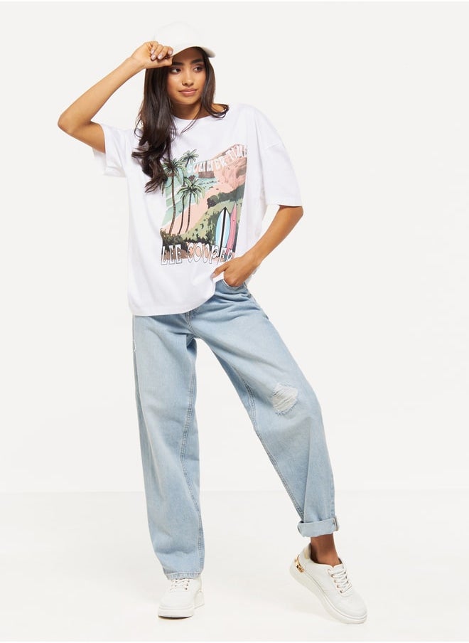 Lee Cooper - Lee Cooper Graphic Print Oversized T-shirt with Short Sleeves - Image 1