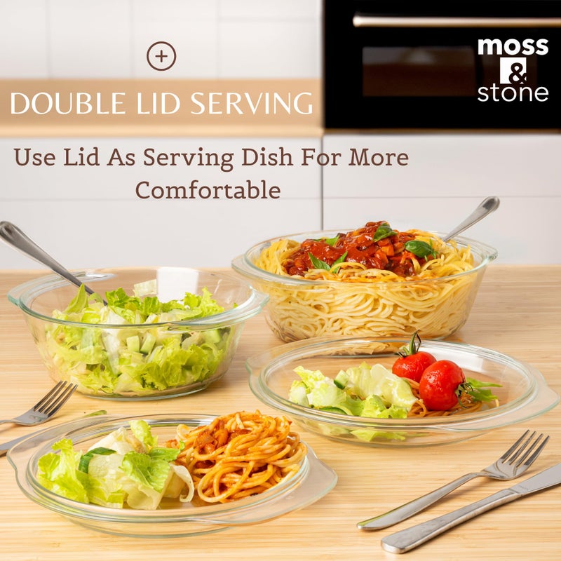 Moss & Stone 6-Piece Clear Glass Casserole Dishes for Oven With Lids, Durable Tempered Borosilicate Glass Bakeware Set, Microwave Safe, 3 Round Sizes for Cooking, Serving & Storage - Image 5