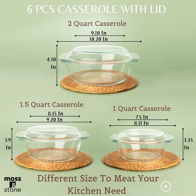 Moss & Stone 6-Piece Clear Glass Casserole Dishes for Oven With Lids, Durable Tempered Borosilicate Glass Bakeware Set, Microwave Safe, 3 Round Sizes for Cooking, Serving & Storage - Image 2