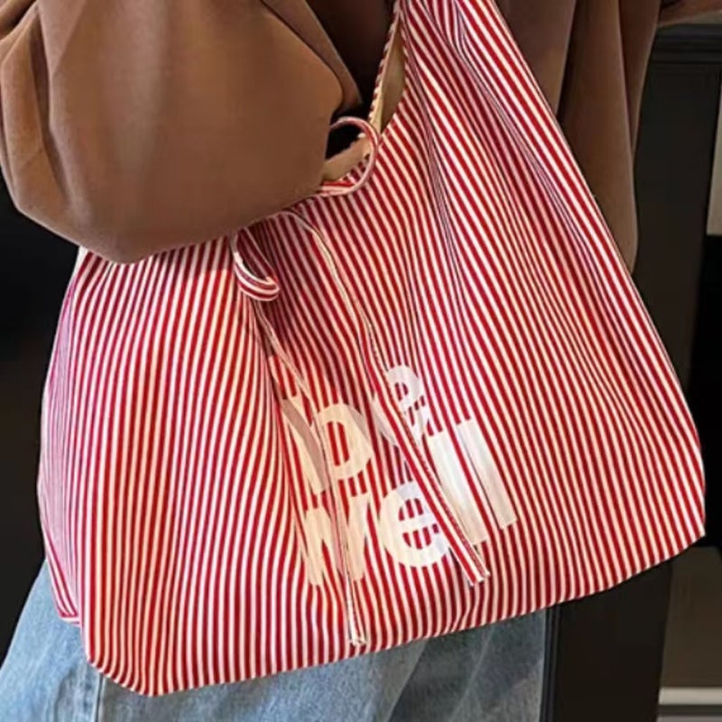 Striped Canvas Bag For Women Women'S Double-Sided Tote Bag Casual Work Clothing Large Capacity Letter Shoulder Bag - Image 4