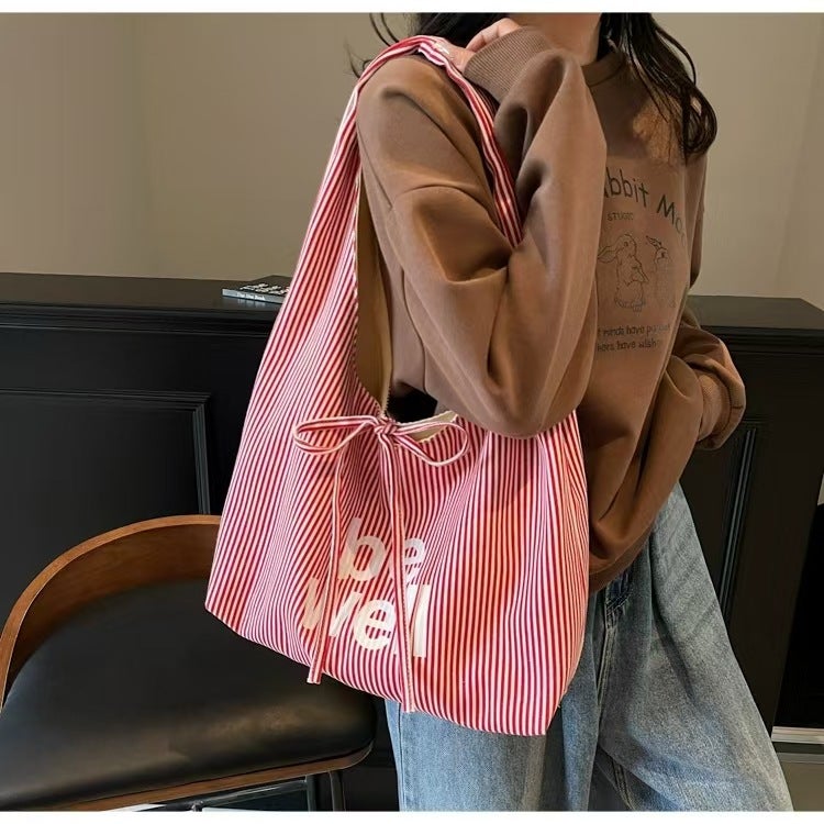 Striped Canvas Bag For Women Women'S Double-Sided Tote Bag Casual Work Clothing Large Capacity Letter Shoulder Bag - Image 1