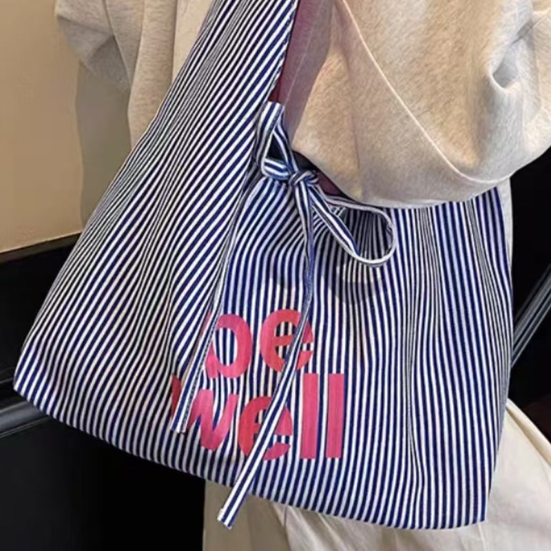 Striped Canvas Bag For Women Women'S Double-Sided Tote Bag Casual Work Clothing Large Capacity Letter Shoulder Bag - Image 3