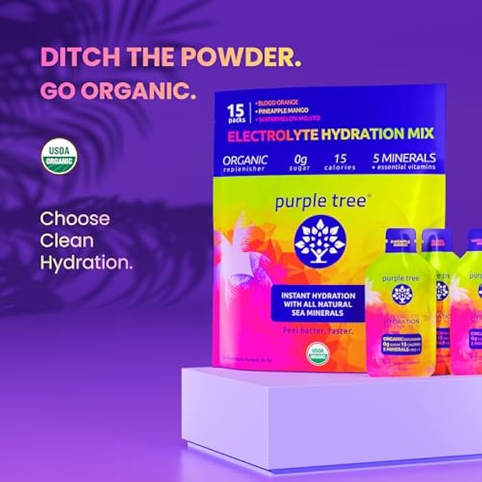purple tree Organic Electrolyte Hydration Packets, Zero Sugar, Sea Salts, Daily IV Hydrate Packs for Rapid Rehydration Relief - Water Drink Mix, Variety Pack, 15 Units - Image 3