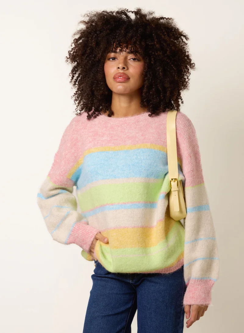 بلو فانيلا كنزة بياقة مستديرة مخططة