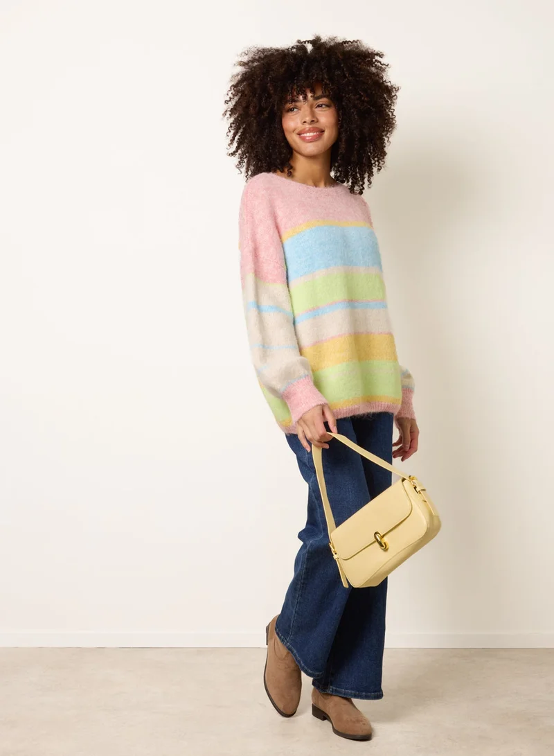 بلو فانيلا كنزة بياقة مستديرة مخططة