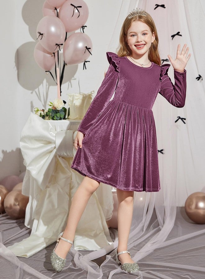 Arshiner فستان أرتشينر للأطفال من المخمل، خريف شتاء، بأكمام طويلة، لحفلات العيد أو عيد الميلاد، فساتين أميرات باللون الأرجواني 2-3 سنوات - Image 3