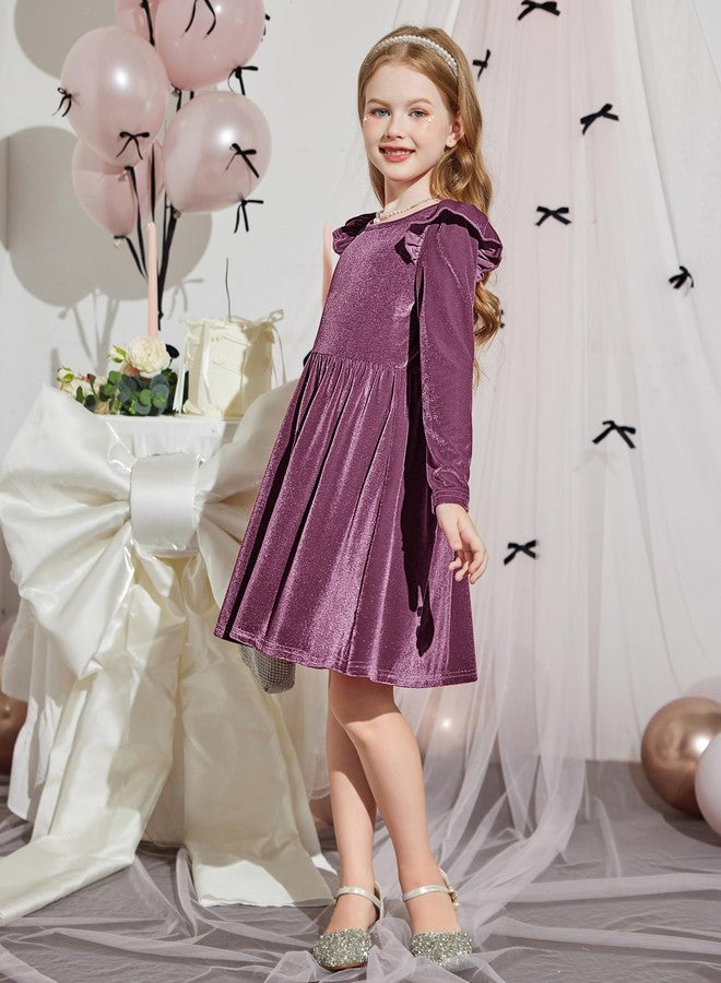 Arshiner فستان أرتشينر للأطفال من المخمل، خريف شتاء، بأكمام طويلة، لحفلات العيد أو عيد الميلاد، فساتين أميرات باللون الأرجواني 2-3 سنوات - Image 4