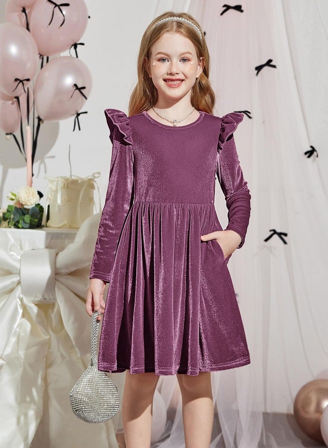 Arshiner فستان أرتشينر للأطفال من المخمل، خريف شتاء، بأكمام طويلة، لحفلات العيد أو عيد الميلاد، فساتين أميرات باللون الأرجواني 2-3 سنوات - Image 2