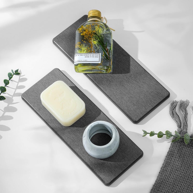 Razborci 2PCS Bathroom Trays, Water Absorbing Diatomite Stone Quick Drying Mat for Kitchen Counter, Dish Rack Soap Dispenser Sponge Holder Caddy Sink Vanity Organizer, Dark Gray Slate,9"x3.5" - Image 1
