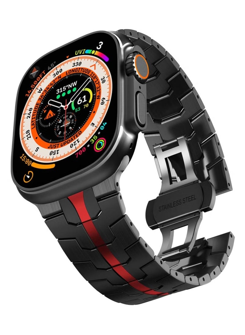 TIGER Stainless Steel Strap for iWatch 49mm, 46mm, 45mm, 44mm, 42mm – Black/Red Replacement Band for Apple Watch Ultra 3, Ultra 2, Ultra, Series 10, 9, 8, 7, SE, 6, 5, 4, 3, 2, 1 – Stylish, Durable, and Adjustable - Image 1