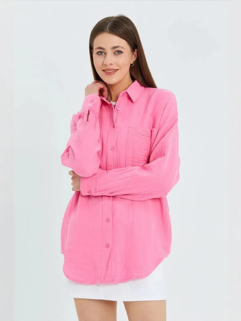 Mixray Bright Pink Mixray Oversize Shirt with Pocket Detail for Women | Best Price UAE