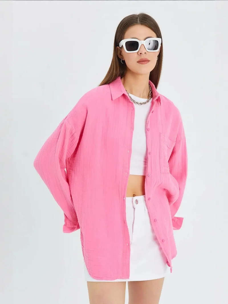 Mixray Bright Pink Mixray Oversize Shirt with Pocket Detail for Women | Best Price UAE