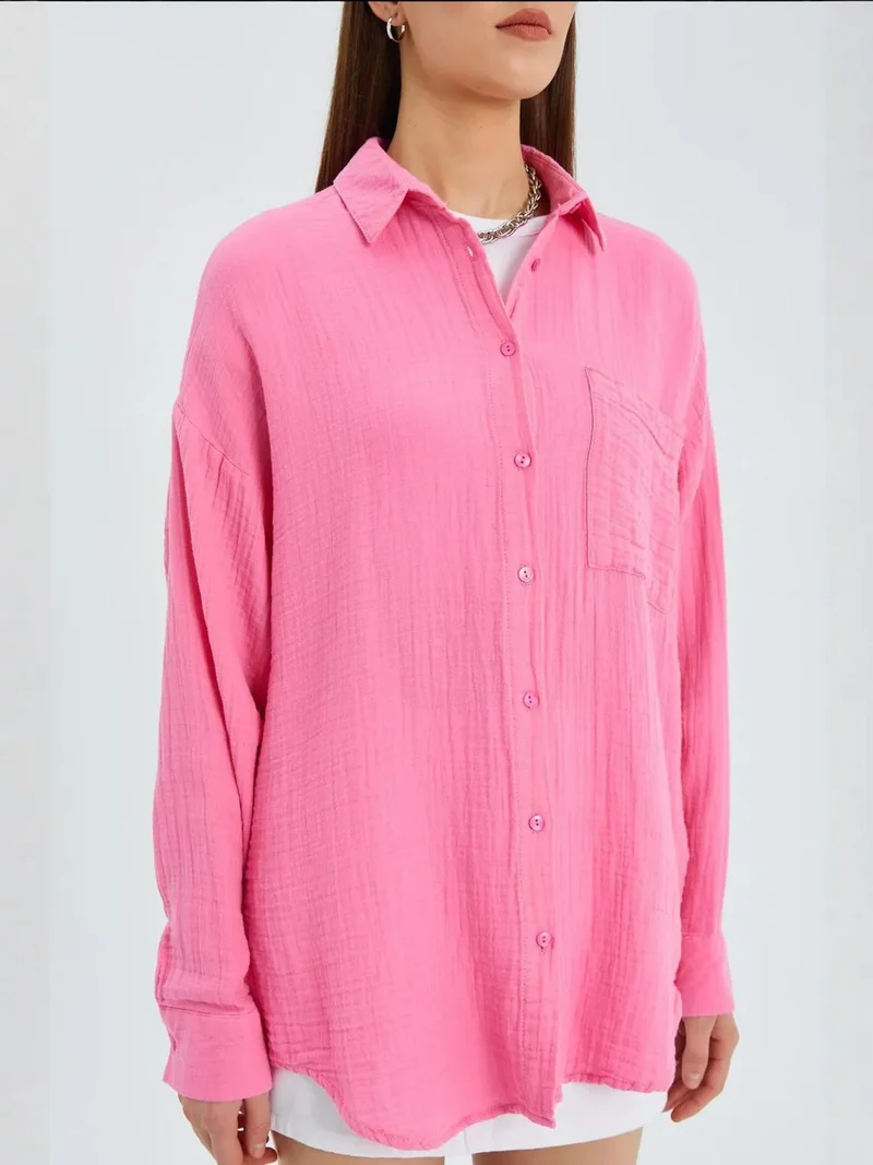 Mixray Bright Pink Mixray Oversize Shirt with Pocket Detail for Women | Best Price UAE