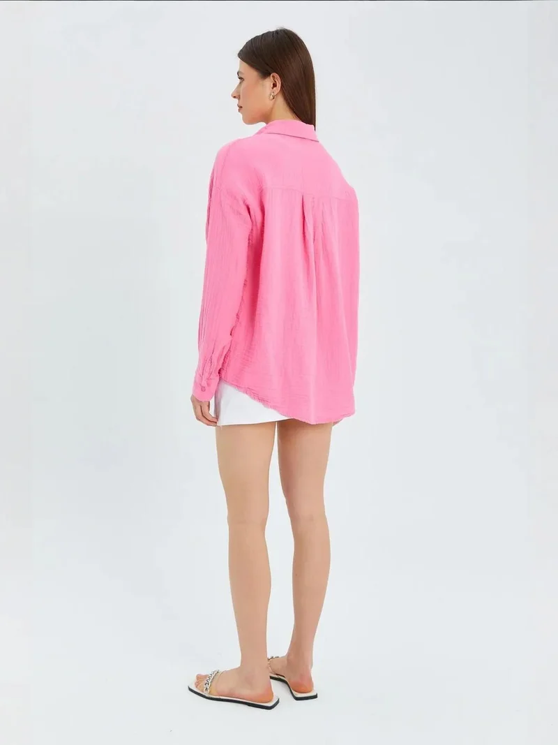 Mixray Bright Pink Mixray Oversize Shirt with Pocket Detail for Women | Best Price UAE