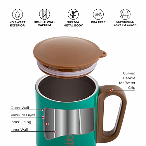 DUBBLIN Polo Stainless Steel Unbreakable Tea Coffee Mug Double Wall with Handle and Lid, Wide Mouth Mug Keeps Beverages Hot & Cold 270 ML Green - Image 2