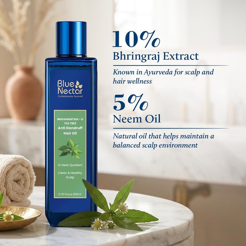 Blue Nectar Anti Dandruff Hair Oil With Neem Tea Tree Hair Oil Ayurvedic Non-Sticky Hair Oil For Dry Scalp And Dandruff 100% Natural Hair Oil For Men Women 12 Herbs 200Ml - Image 2