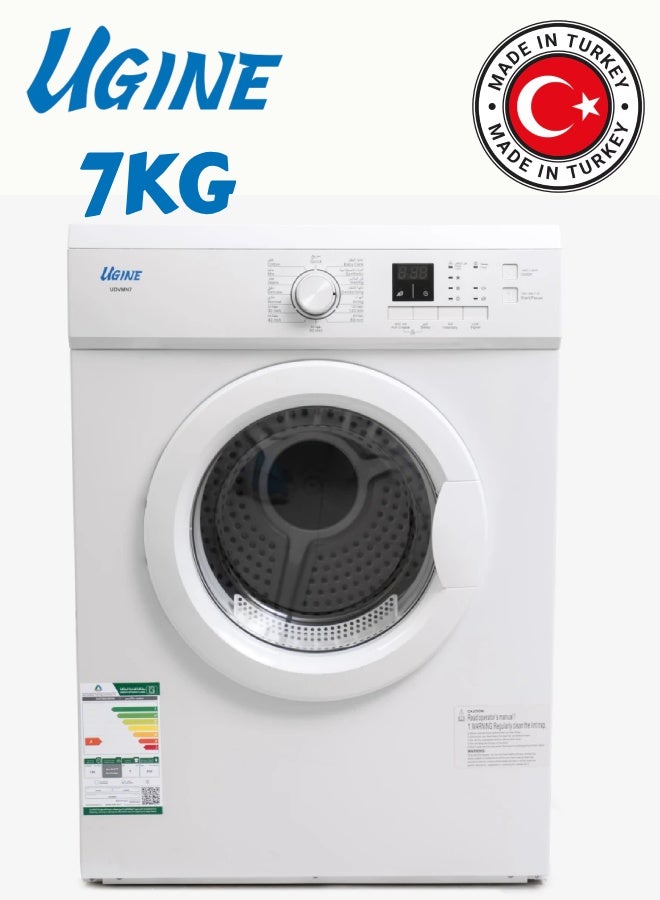 أوجين مجفف ملابس يوجين سعة 7 كجم – 16 برنامج تجفيف – شاشة LED – قفل حماية للأطفال – لون أبيض – موديل UDAVM7W - Image 1