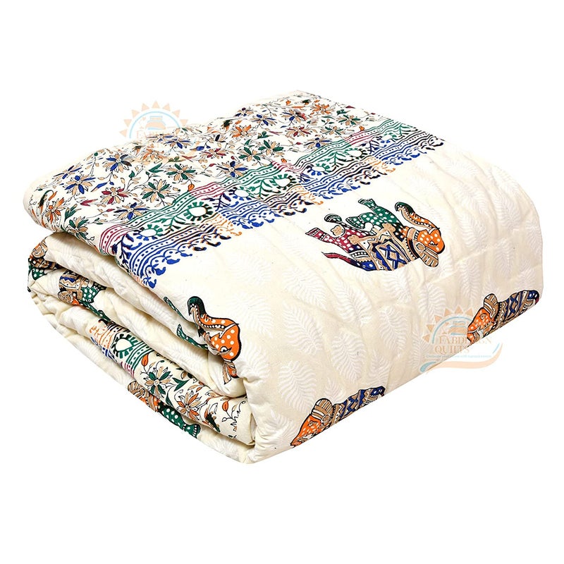TC 400 HOPEE Shop Pure Cotton Traditional Jaipuri Design Printed Light Weight Double Bed QuiltRazaiRajai Multicolor 90 X 105 Inches  - Image 1