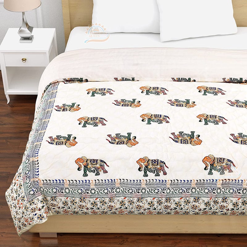 TC 400 HOPEE Shop Pure Cotton Traditional Jaipuri Design Printed Light Weight Double Bed QuiltRazaiRajai Multicolor 90 X 105 Inches  - Image 2