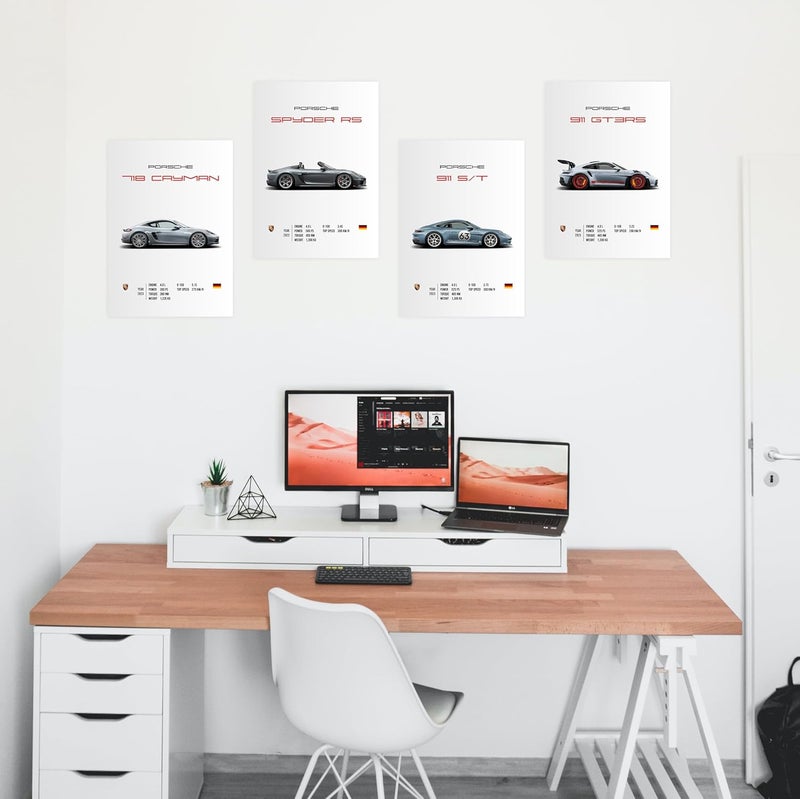 CodersParadise ملصقات حائط سيارات بورش الرياضية | مقاس 8×12 بوصة (A4) مطبوعات | فن حائط سيارات خارقة لغرفة النوم، غرفة المعيشة، المكتب وغرفة الطعام | ملصقات ورق كرتون سميك + نقاط لاصقة – مجموعة من 8 - Image 2